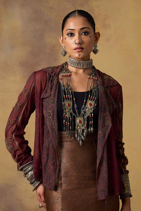 Goonj maroon ajrakh tulle blazer
