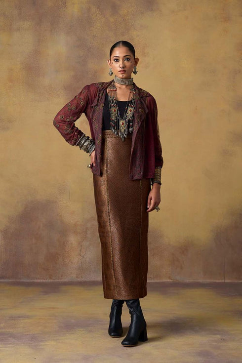 Goonj maroon ajrakh tulle blazer