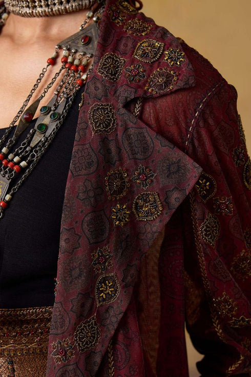 Goonj maroon ajrakh tulle blazer