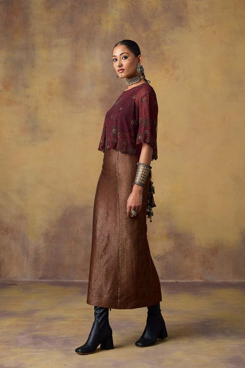 Goonj maroon ajrakh tulle crop top