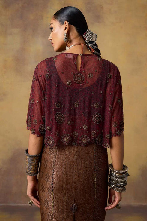 Goonj maroon ajrakh tulle crop top