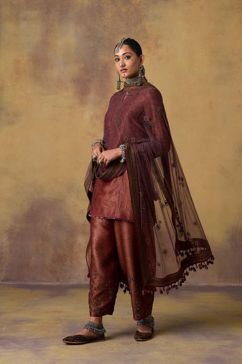 Goonj maroon ajrakh tulle heavy dupatta