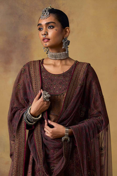 Goonj maroon ajrakh tulle heavy dupatta