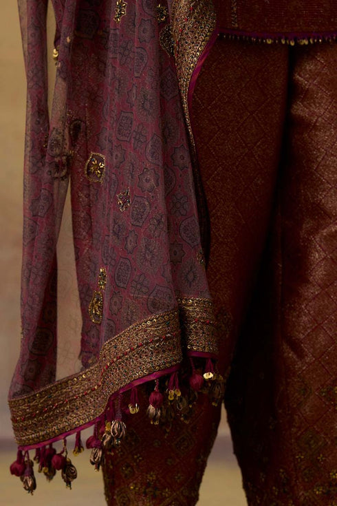 Goonj maroon ajrakh tulle heavy dupatta