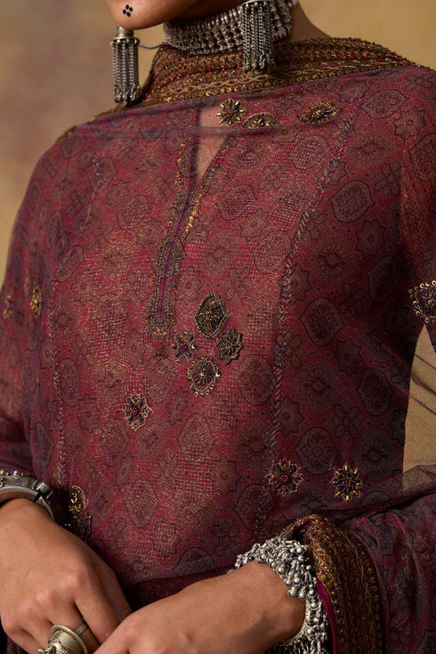 Goonj maroon ajrakh tulle heavy dupatta