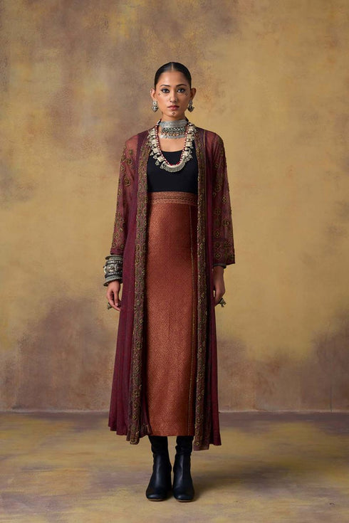 Goonj maroon ajrakh tulle long overlay