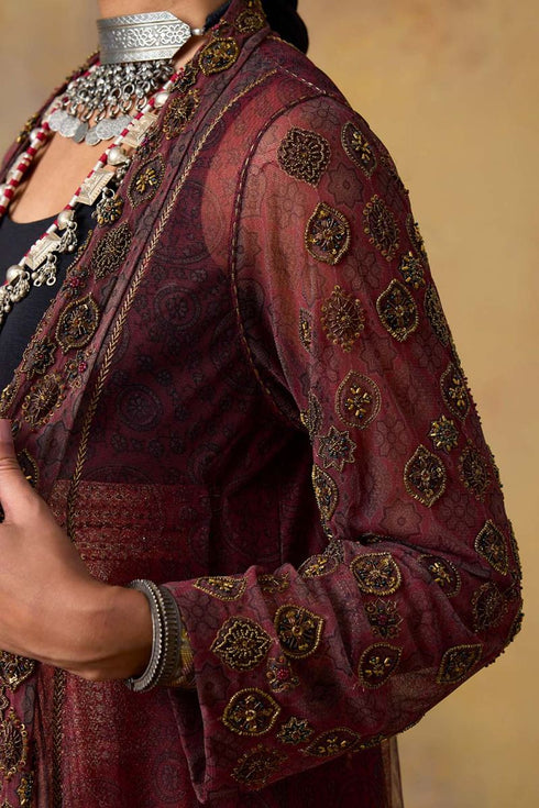 Goonj maroon ajrakh tulle long overlay