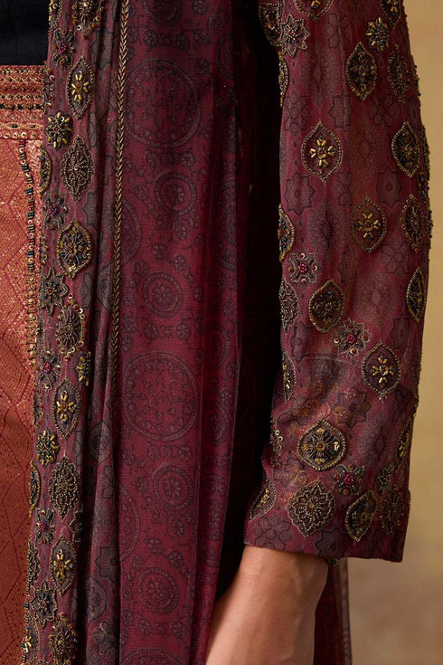 Goonj maroon ajrakh tulle long overlay