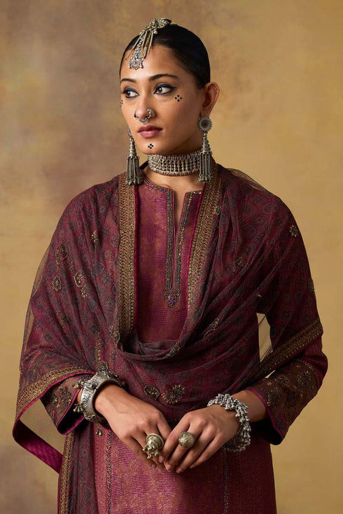 Goonj maroon ajrakh tulle stole