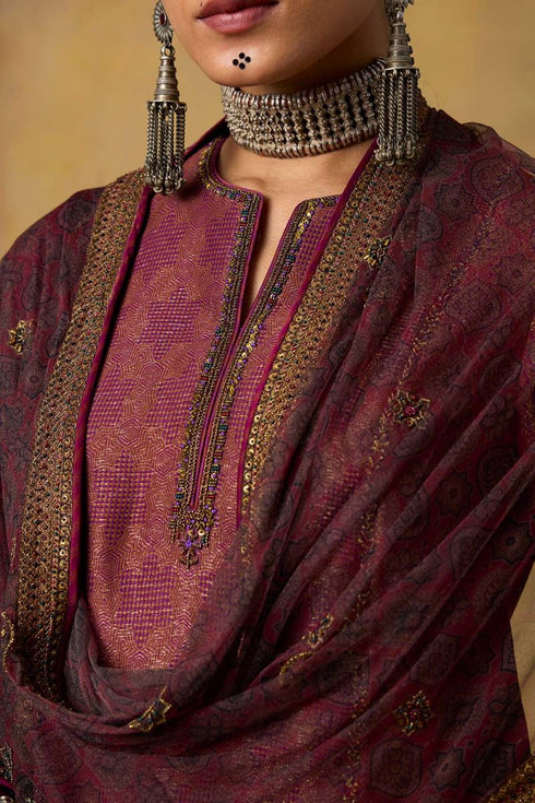 Goonj maroon ajrakh tulle stole
