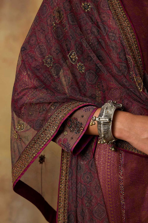 Goonj maroon ajrakh tulle stole