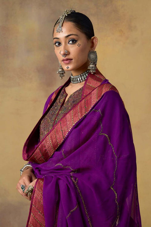Goonj purple georgette dupatta with embroidered border