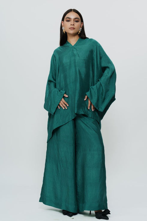 Greenish blue kaftan kurta with broad pants