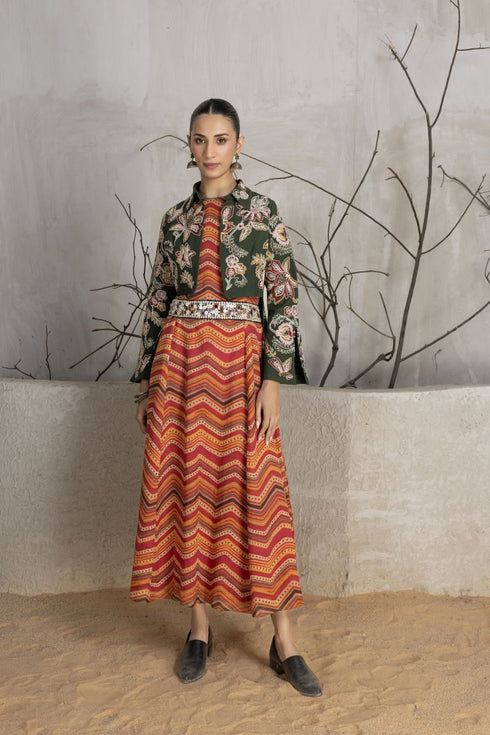 Green linen all over dori embroidered peplum short jacket