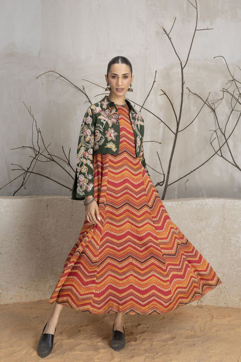 Green linen all over dori embroidered peplum short jacket