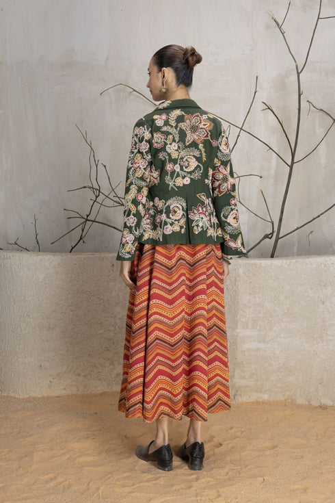 Green linen all over dori embroidered peplum short jacket