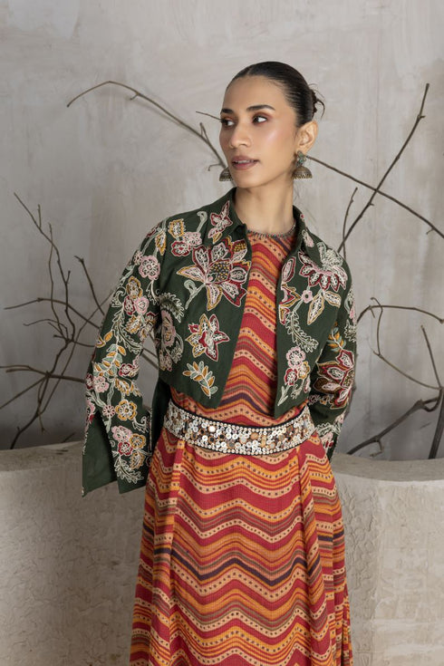 Green linen all over dori embroidered peplum short jacket