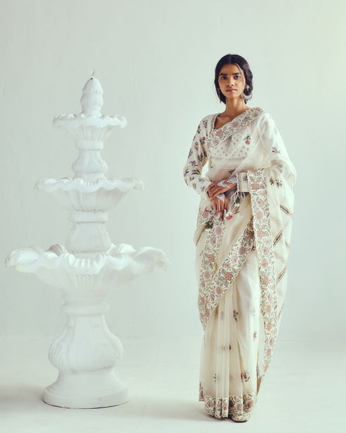 Gul Posh ivory multicolor embroidered sari with blouse