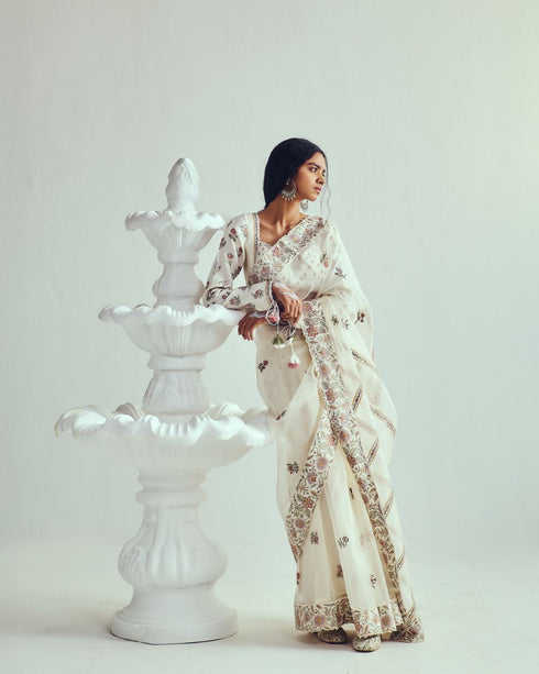 Gul Posh ivory multicolor embroidered sari with blouse