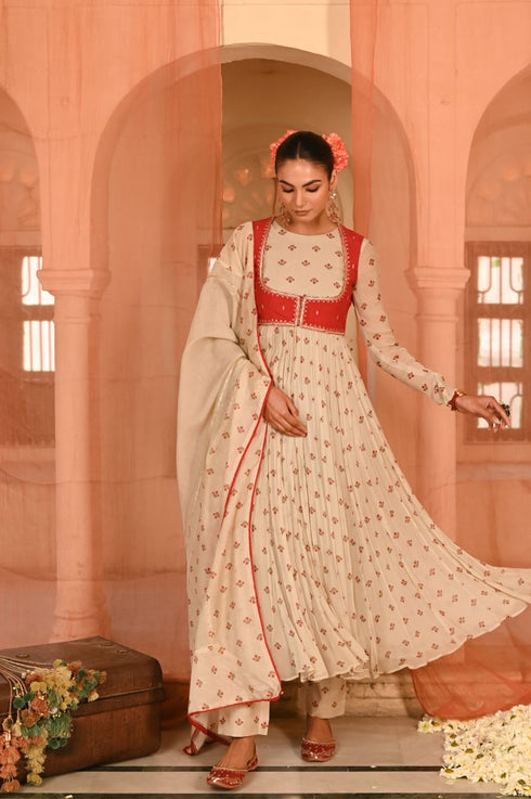 Gulal beige and red anarkali set