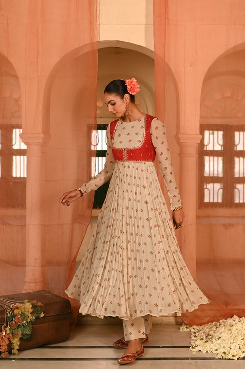 Gulal beige and red anarkali set