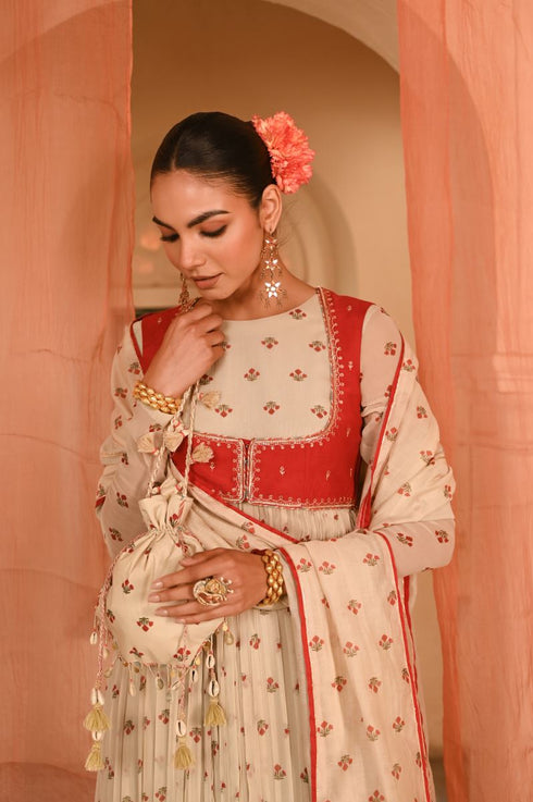 Gulal beige and red anarkali set
