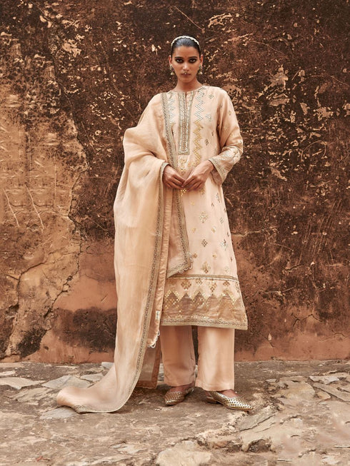 Haldi Nashpal beige chanderi copper geometric gota kurta set