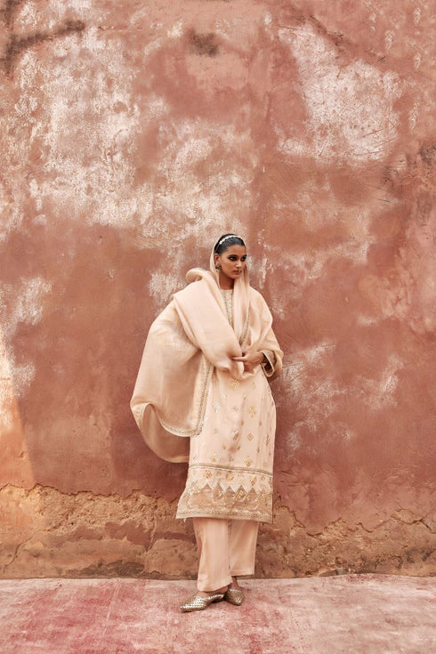 Haldi Nashpal beige chanderi copper geometric gota kurta set