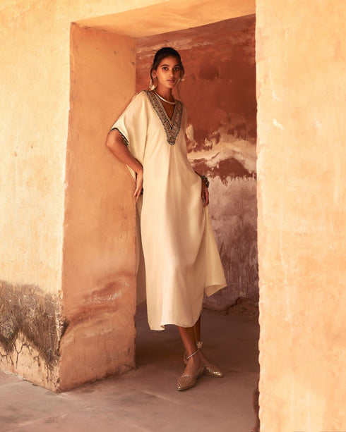 Haldi Nashpal ivory V neck long kaftan set