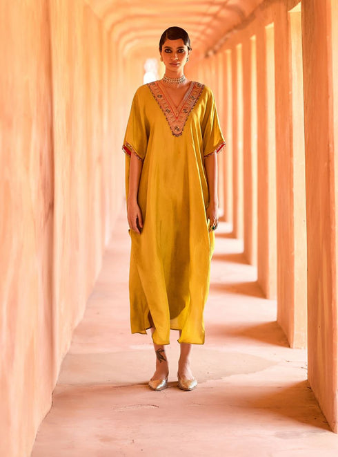 Haldi Nashpal long V neck yellow kaftan set