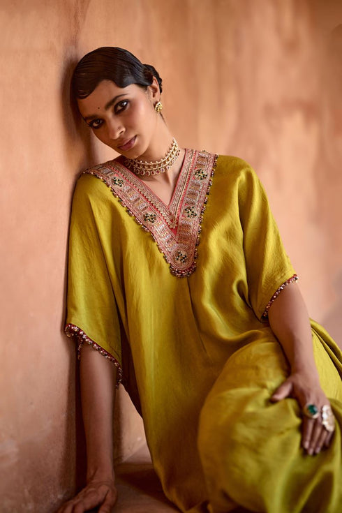 Haldi Nashpal long V neck yellow kaftan set