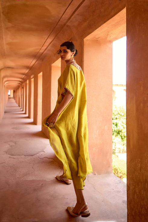 Haldi Nashpal long V neck yellow kaftan set