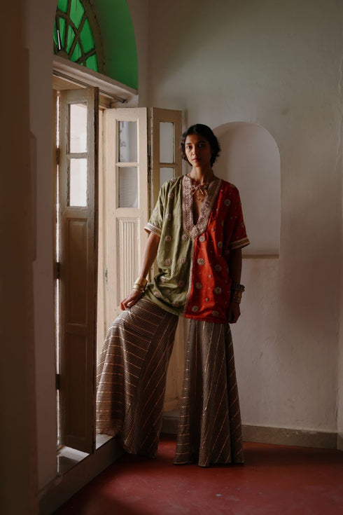 Halfmoon green and red kaftan set