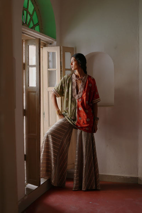 Halfmoon green and red kaftan set