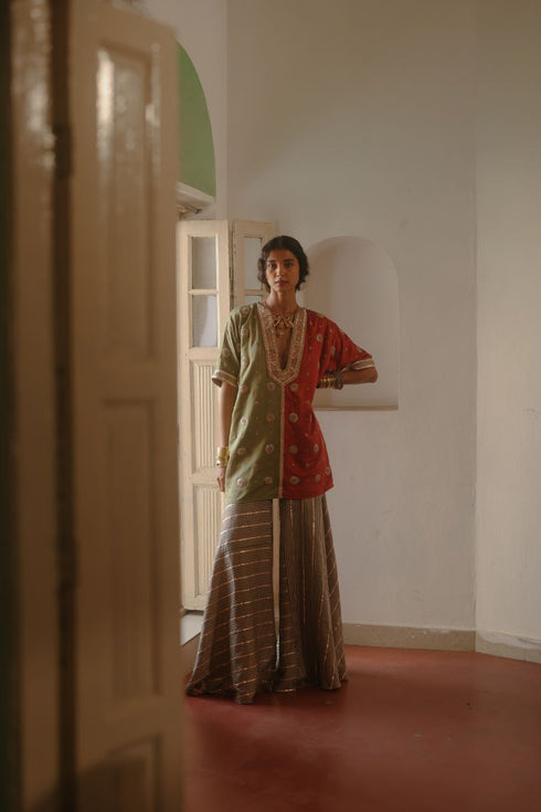 Halfmoon green and red kaftan set