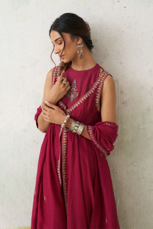 Falsa chanderi kashmiri embroidered anarkali set