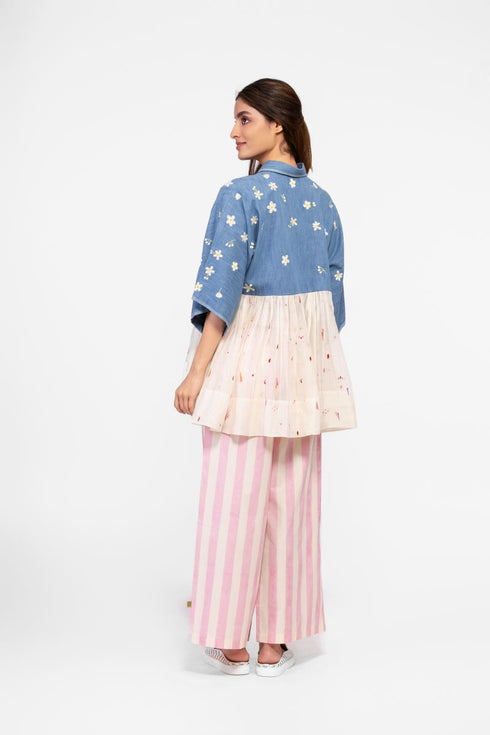 Soft denim and cotton embroidered top