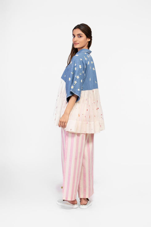 Soft denim and cotton embroidered top