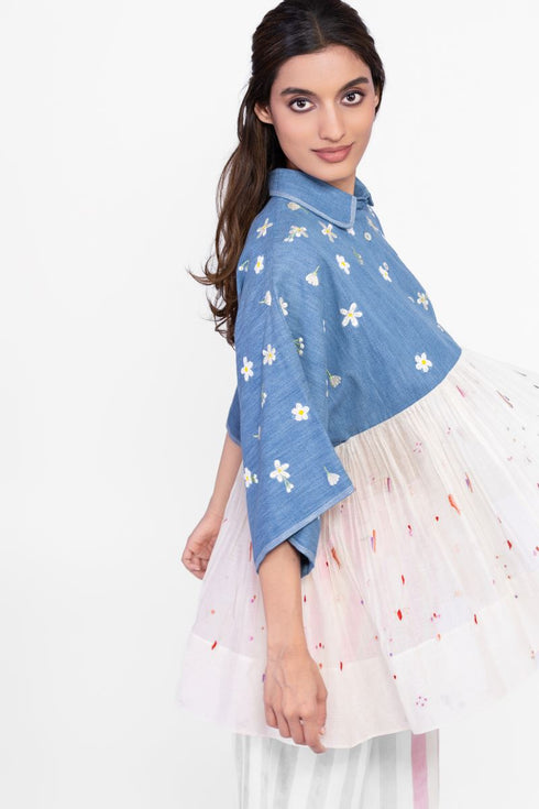 Soft denim and cotton embroidered top