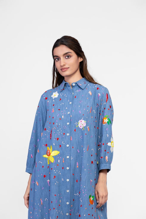 Soft denim tunic with embroidered motifs