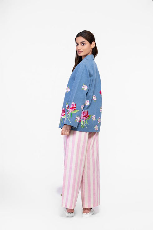 Soft denim coat with embroidered floral motifs