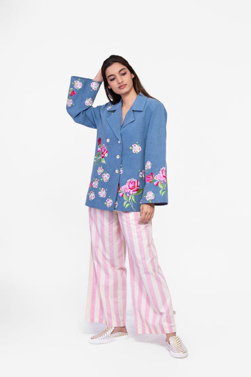 Soft denim coat with embroidered floral motifs