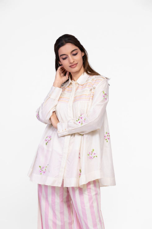 Silk embroidered and stitch detail top