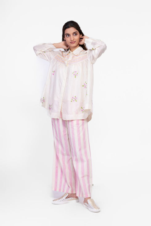 Silk embroidered and stitch detail top