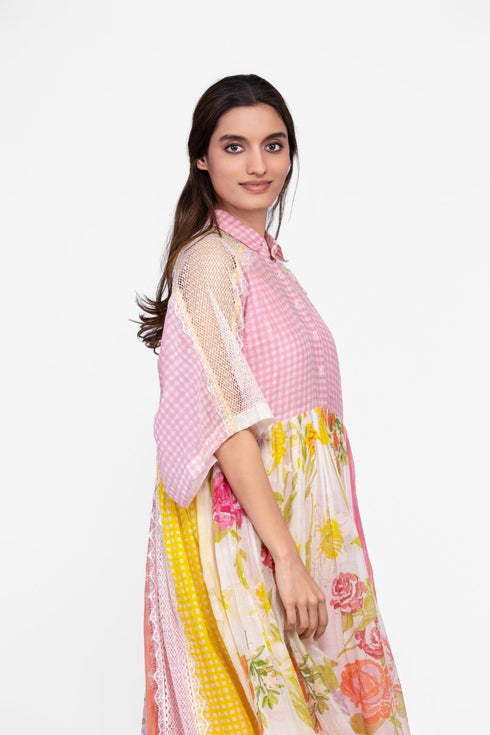 Cotton lace detail shirt collared dress