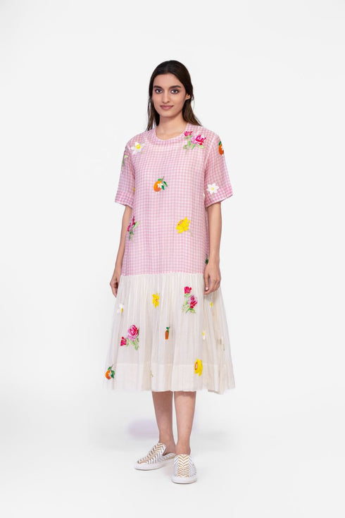 Cotton half and half printed embroidered dress