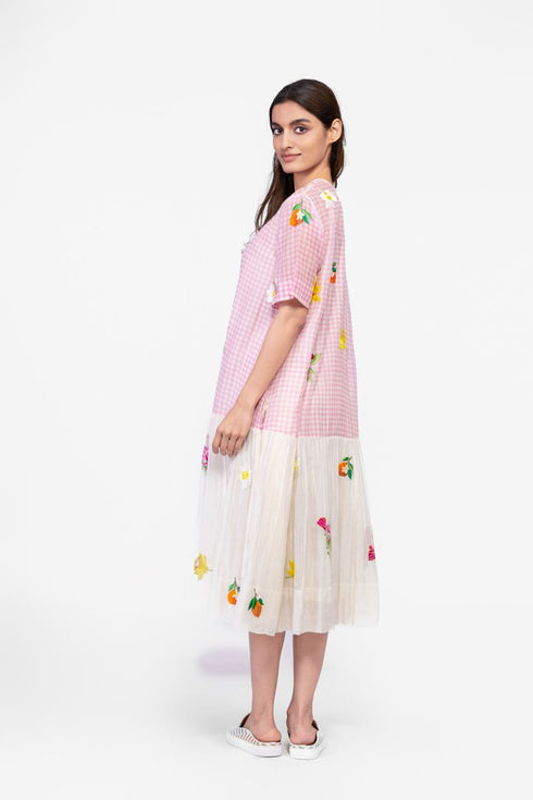 Cotton half and half printed embroidered dress