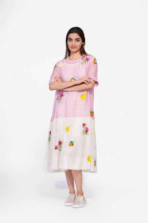 Cotton half and half printed embroidered dress