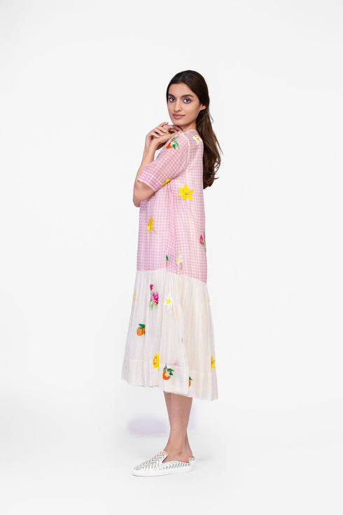 Cotton half and half printed embroidered dress