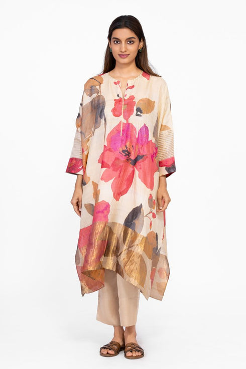Multicolor floral silk zari detail kaftan tunic with pants